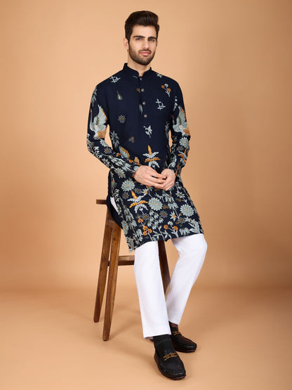 Rajwada Navy Blue Viscose Rayon Stitched Kurta For Men