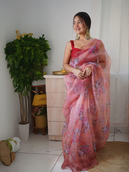 Rajwada Peach Organza Printed Saree With Unstitched Blouse For Women