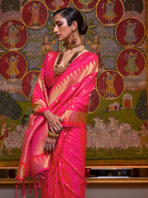 Rajwada Pink Silk Blend Woven Saree With Unstitched Blouse for Women