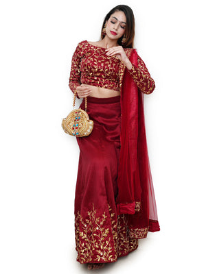 Rajwada Women Maroon Embroidered Art Silk Semi Stitched Lehenga With Unstitched Blouse