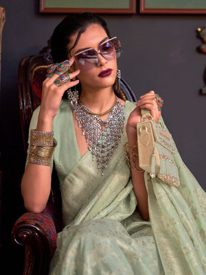 Rajwada Green Silk Blend Woven Saree With Unstitched Blouse For Women
