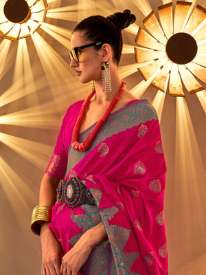 Rajwada Pink Silk Blend Woven Saree With Unstitched Blouse For Women