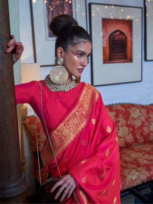 Rajwada Red Silk Blend Woven Saree With Unstitched Blouse for Women