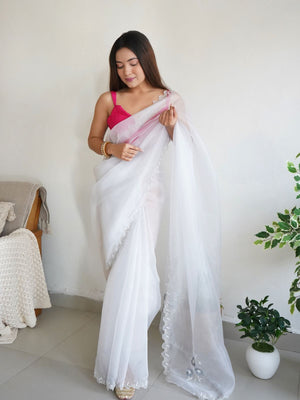 Rajwada White Organza Embroidered Saree With Unstitched Blouse For Women