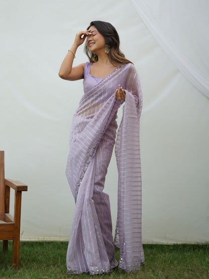 Rajwada Lavender Organza Mirror Work Saree With Unstitched Blouse For Women