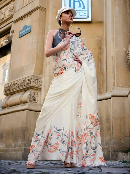 Rajwada Cream Satin Printed Saree With Unstitched Blouse For Women
