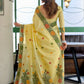 Rajwada Yellow Linen Blend Solid Saree For Women