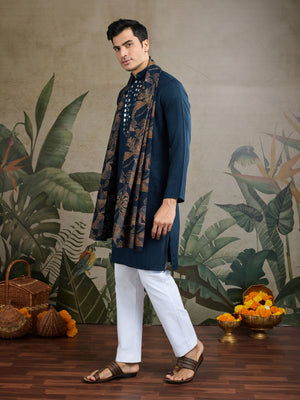 Rajwada Teal Blue Viscose Silk Woven Kurta For Men