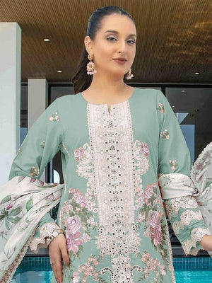 Rajwada Turquoise Green Cotton Blend Embroidered Semi Stitched Kurta Set For Women