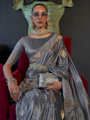 Rajwada Grey Silk Blend Woven Saree With Unstitched Blouse for Women