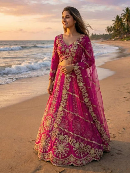 Rajwada Magenta Georgette Embellished Semi Stitched Lehenga For Women