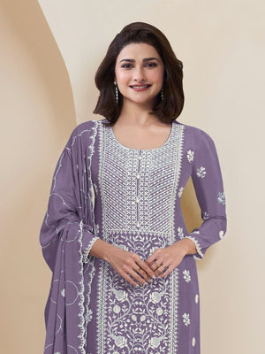 Rajwada Purple Georgette Embroidered Semi-Stitched Kurta Set For Women