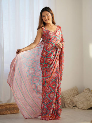 Rajwada Orange Chinon Printed Saree With Unstitched Blouse For Women