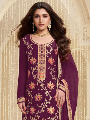 Rajwada Wine Viscose Embroidered Semi-Stitched Kurta Set For Women