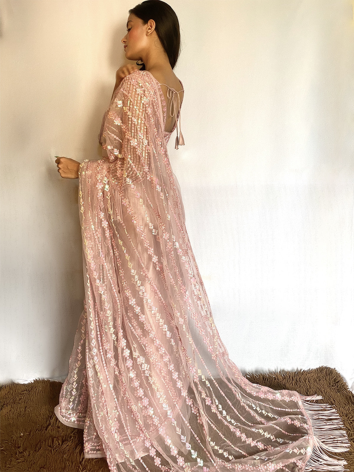 Rajwada - Designer Pink Sequins Saree with Unstitched Blouse