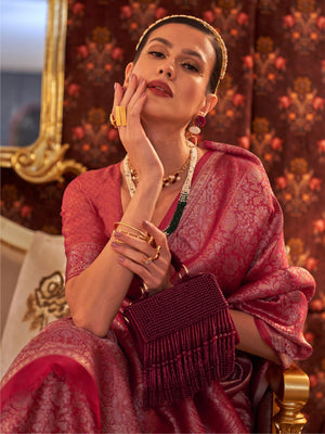 Rajwada Pink Silk Blend Woven Saree With Unstitched Blouse For Women