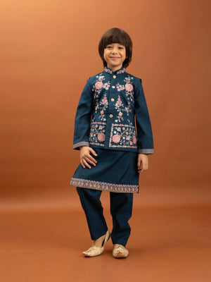 Rajwada Teal Blue Viscose Silk Embroidered Stitched Kurta Set For Kids