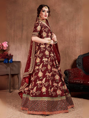 Rajwada Maroon Silk Blend Embroidered Semi-Stitched lehenga For Women