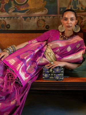 Rajwada Purple Silk Blend Woven Saree With Unstitched Blouse for Women