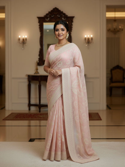Rajwada Peach Organza Embroidered Solid Saree For Women