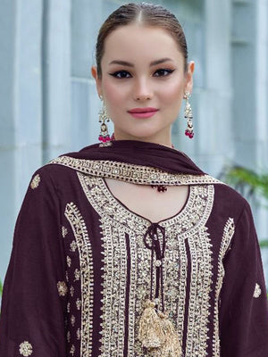 Rajwada Wine Chinon Embroidered Semi-Stitched Kurta Set For Women