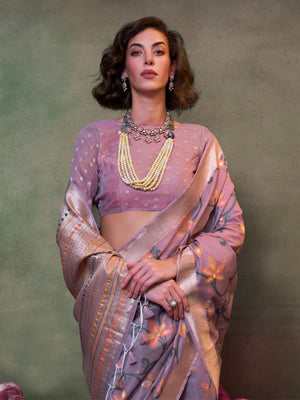 Rajwada Lavender Silk Blend Woven Saree With Unstitched Blouse For Women