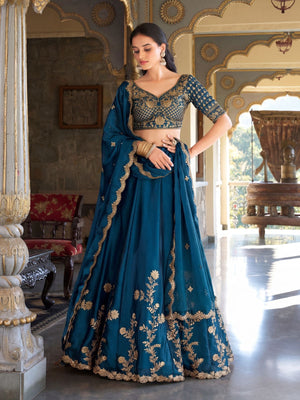 Rajwada Teal Blue Silk Blend Embroidered Lehenga For Women