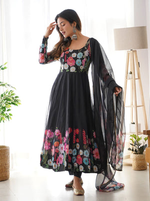 Rajwada Black Georgette Printed Stitched Kurta Set For Women