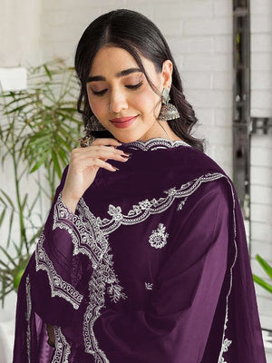Rajwada Wine Georgette Embroidered Semi-Stitched Kurta Set For Women