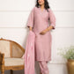 Rajwada Peach Viscose Chanderi Embroidered Stitched Kurta Set For Women