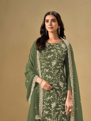 Rajwada Green Chinon Embroidered Semi-Stitched Kurta Set For Women