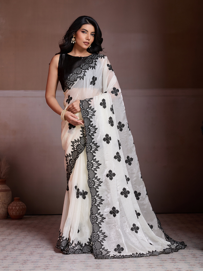 Rajwada  Black And white Chiffon Embroidered Saree For Women