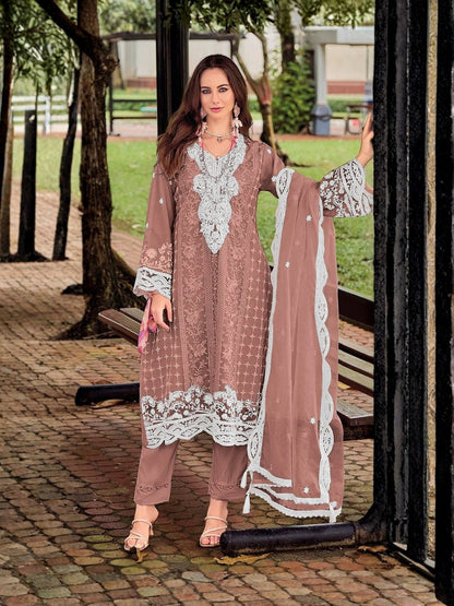 Rajwada Dark Beige Silk Blend Embellished Semi Stitched Kurta Set For Women