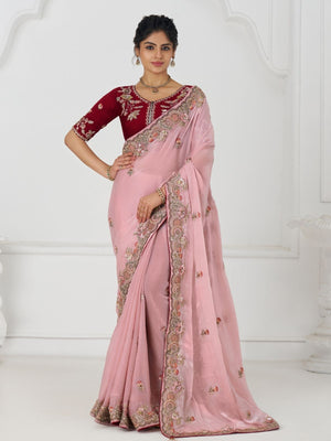 Rajwada Light Pink Viscose Silk Embroidered Saree For Women