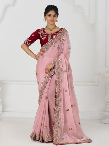Rajwada Light Pink Viscose Silk Embroidered Saree For Women