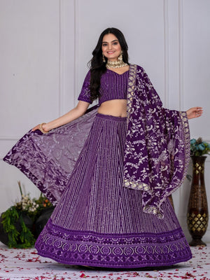 Rajwada Purple Georgette Embroidered Semi-Stitched lehenga For Women
