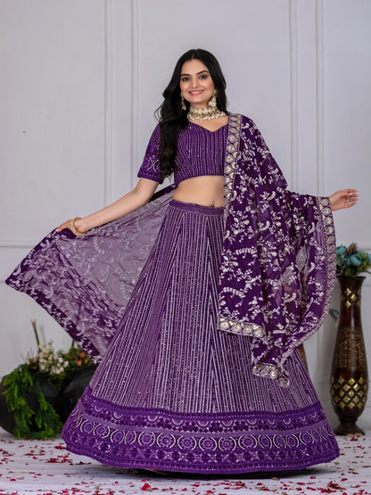 Rajwada Purple Georgette Embroidered Semi-Stitched lehenga For Women
