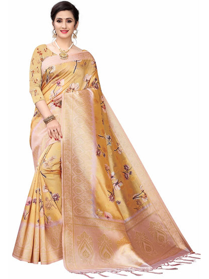 Rajwada Mustard Silk Blend Floral Printed Saree For Women