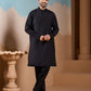 Rajwada Black Silk Blend Embroidered Stitched Kurta Set For Men