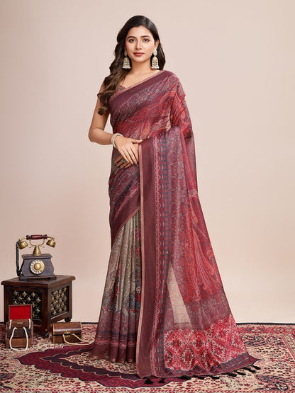 Rajwada Beige And Maroon Linen Printed Saree With Unstitched Blouse For Women