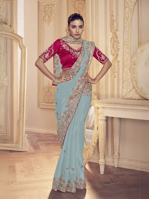 Rajwada Sky Blue Georgette Embroidered Elegant Saree For Women