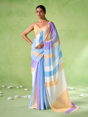 Rajwada Multicolour Cotton Linen Solid Printed Saree For Women