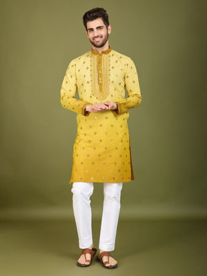 Rajwada Yellow Viscose Silk Sequins Stitched Kurta For Men