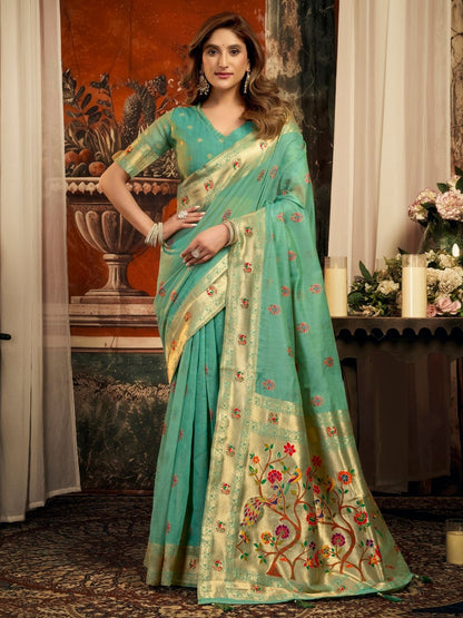 Rajwada Sea Green Silk Blend Solid Saree For Women