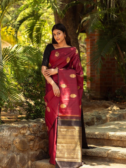 Rajwada Maroon Silk Blend Woven Saree For Women