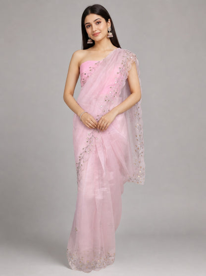 Light Pink Soft Net Embellished Saree