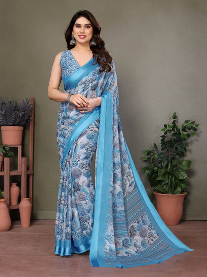 Rajwada Blue Georgette Printed Saree For Women
