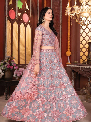 Rajwada Grey And Peach Silk Blend Embellished Semi Stitched Lehenga For Women