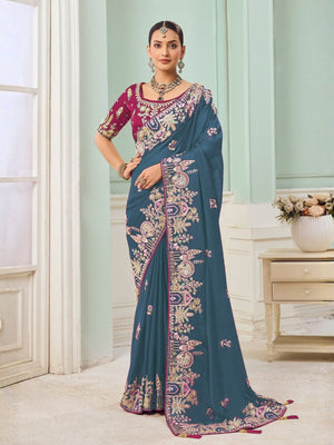 Rajwada Teal Blue Satin Embroidered Saree For Women