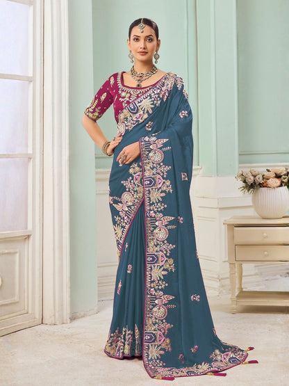 Rajwada Teal Blue Satin Embroidered Saree For Women
